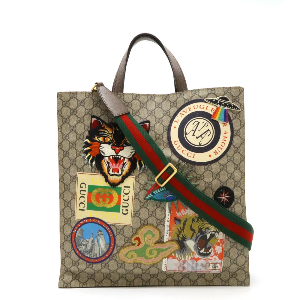 GUCCI Soft GG Supreme Courier Tote Bag Shoulder Leather Applique Beige Brown